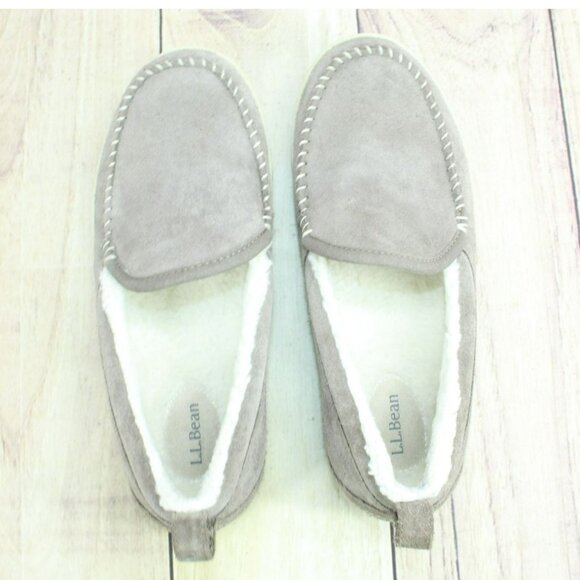 LL Bean Cement Suede Fleece Lined Cozy Mountain Moccasin Slippers Size 10 M - Picture 7 of 9